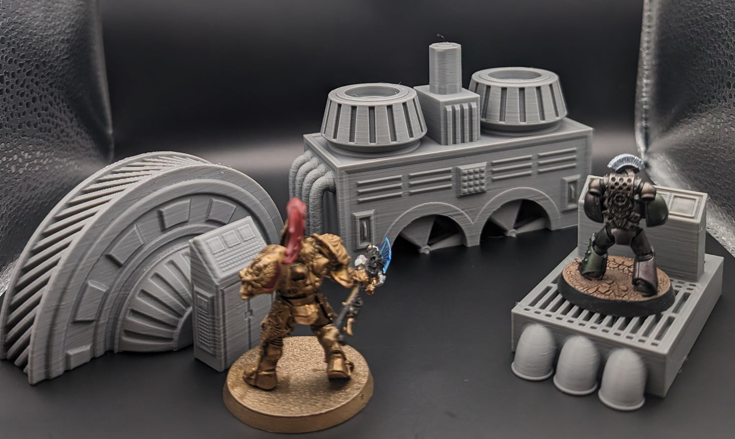 Layered Industries sci-fi terrain 3D prints featuring detailed structures for wargaming with miniatures