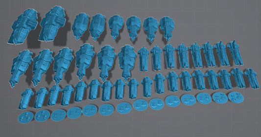 Collection of Layered Industries 3D printed spaceship fleet miniatures in vibrant blue color