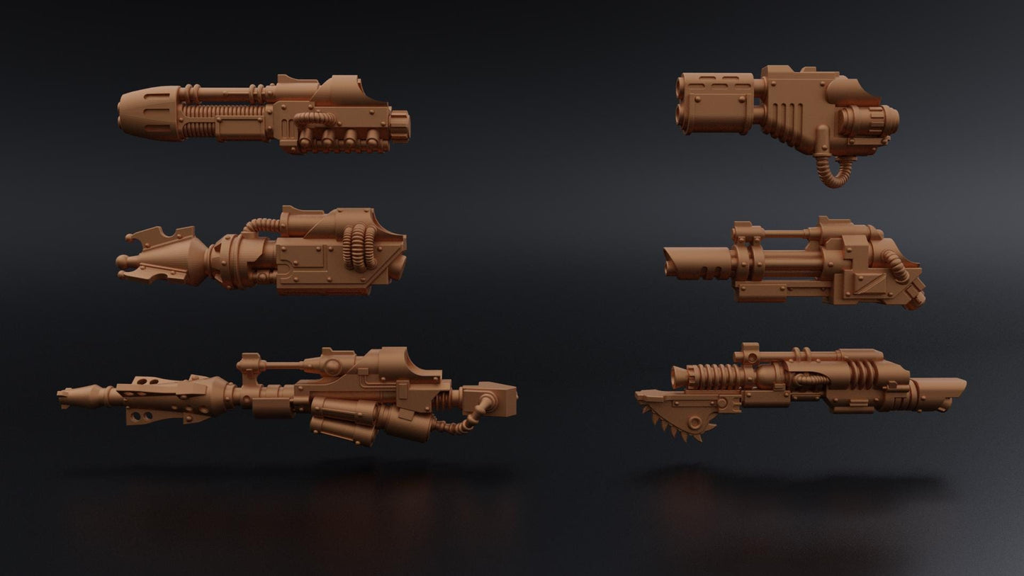 Layered Industries 3D printed tall axe miniatures displaying detailed sci-fi weapons in six unique designs