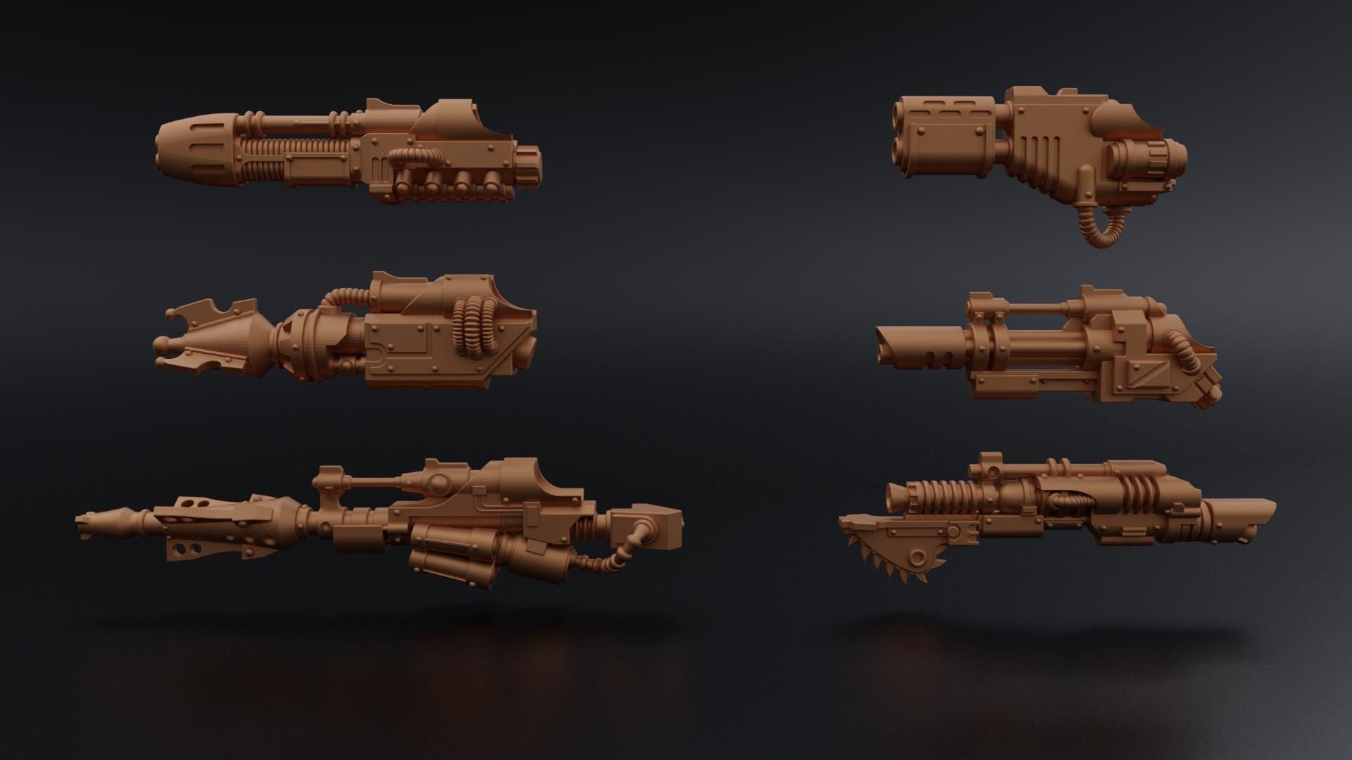 Layered Industries 3D printed tall axe miniatures displaying detailed sci-fi weapons in six unique designs