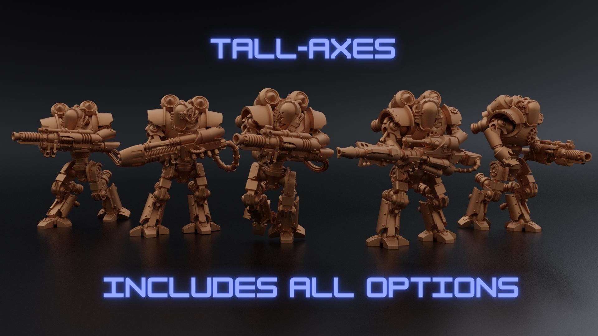 Layered Industries 3D printed tall axe miniatures featuring robotic figures with weapons