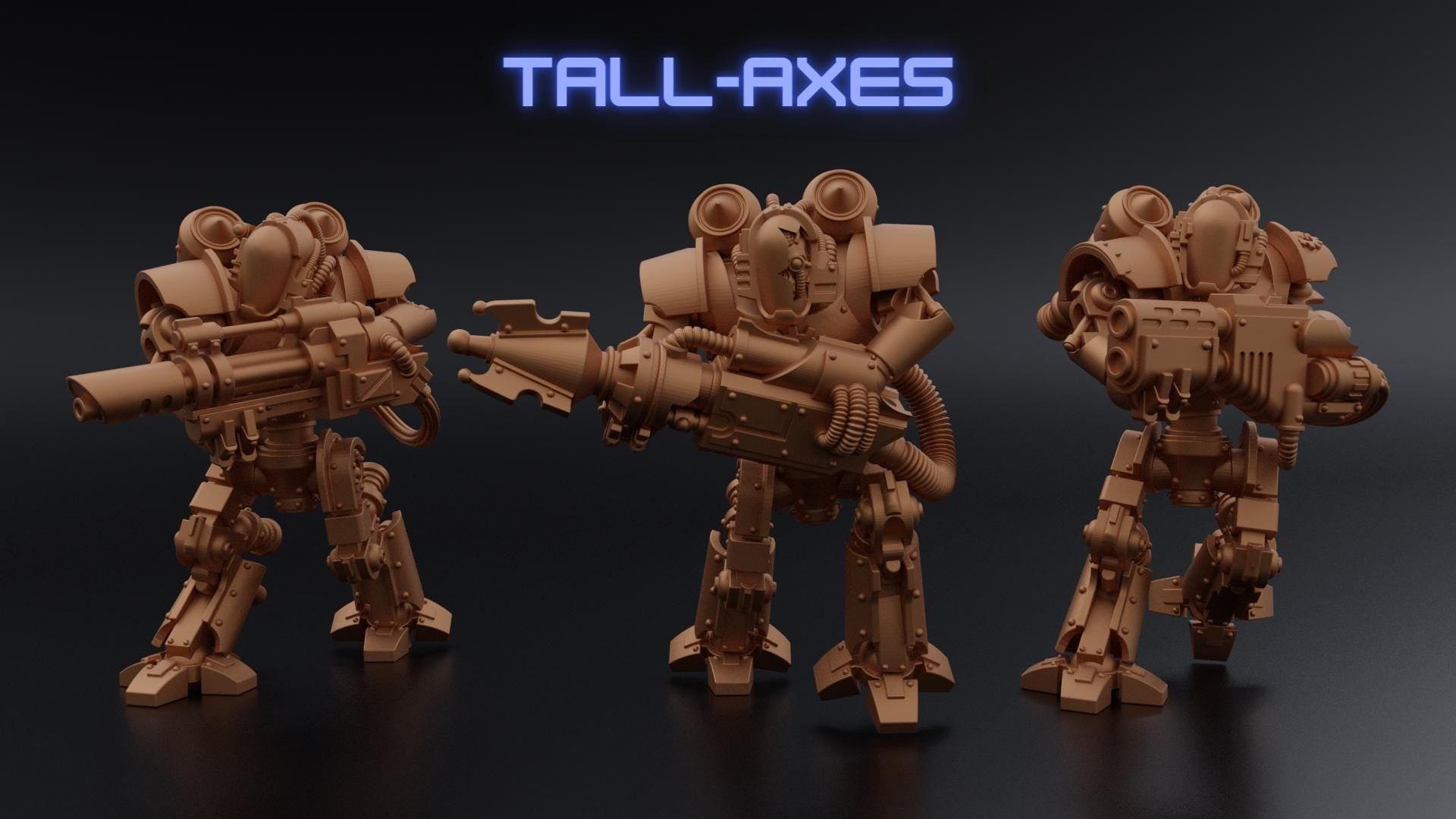 Layered Industries 3D printed tall axe miniatures showcasing detailed robotic designs with weapons