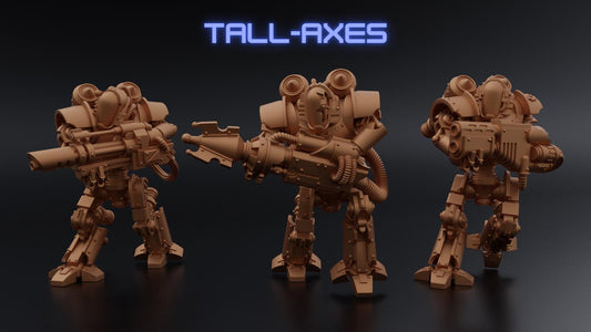 Layered Industries 3D printed tall axe miniatures showcasing detailed robotic designs with weapons