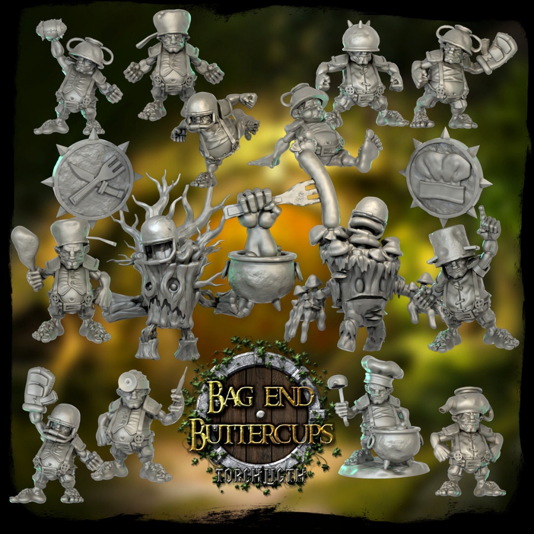 Fantasy football miniatures collection featuring various whimsical characters and creatures for gaming enthusiasts