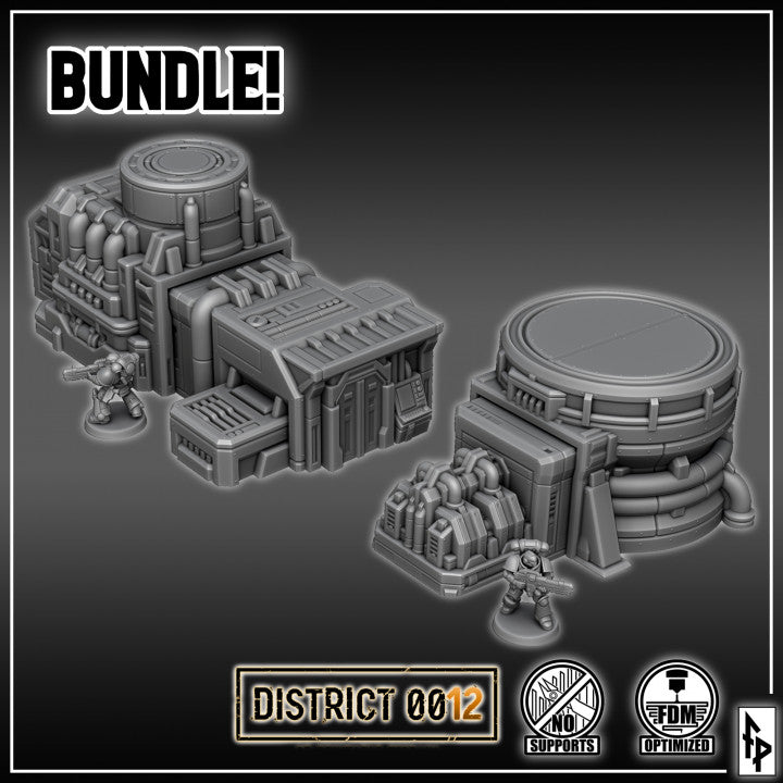 Layered Industries Wargame Terrain Bundle featuring detailed futuristic buildings for tabletop gaming