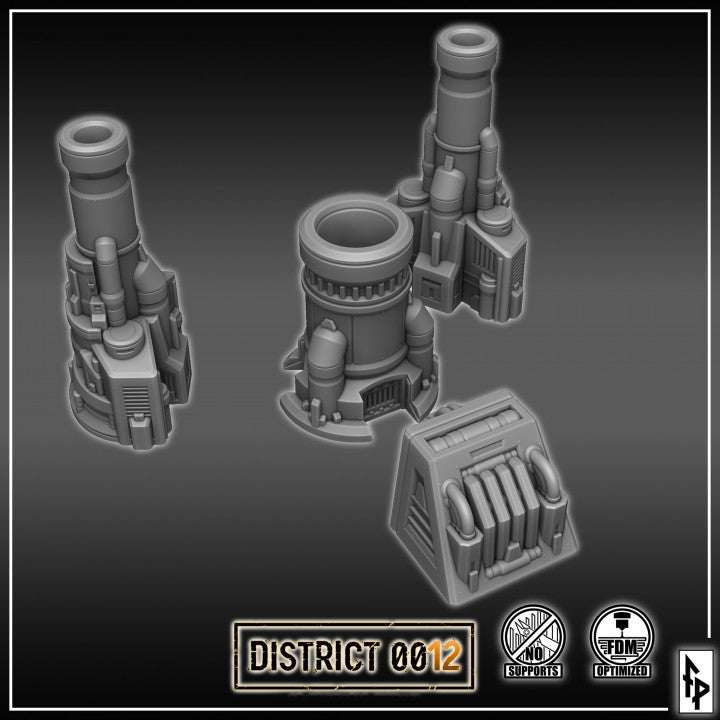 Layered Industries Wargame Terrain Set featuring three detailed sci-fi structures for tabletop gaming