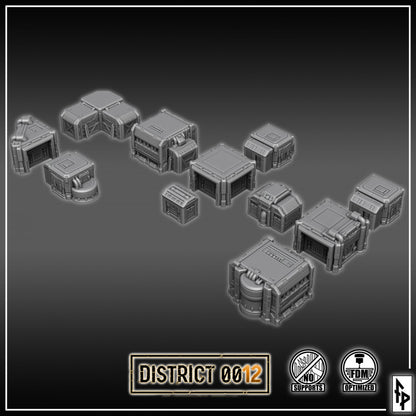 Layered Industries District 0012 Wargame Terrain Set with Various Sci-Fi Building Models