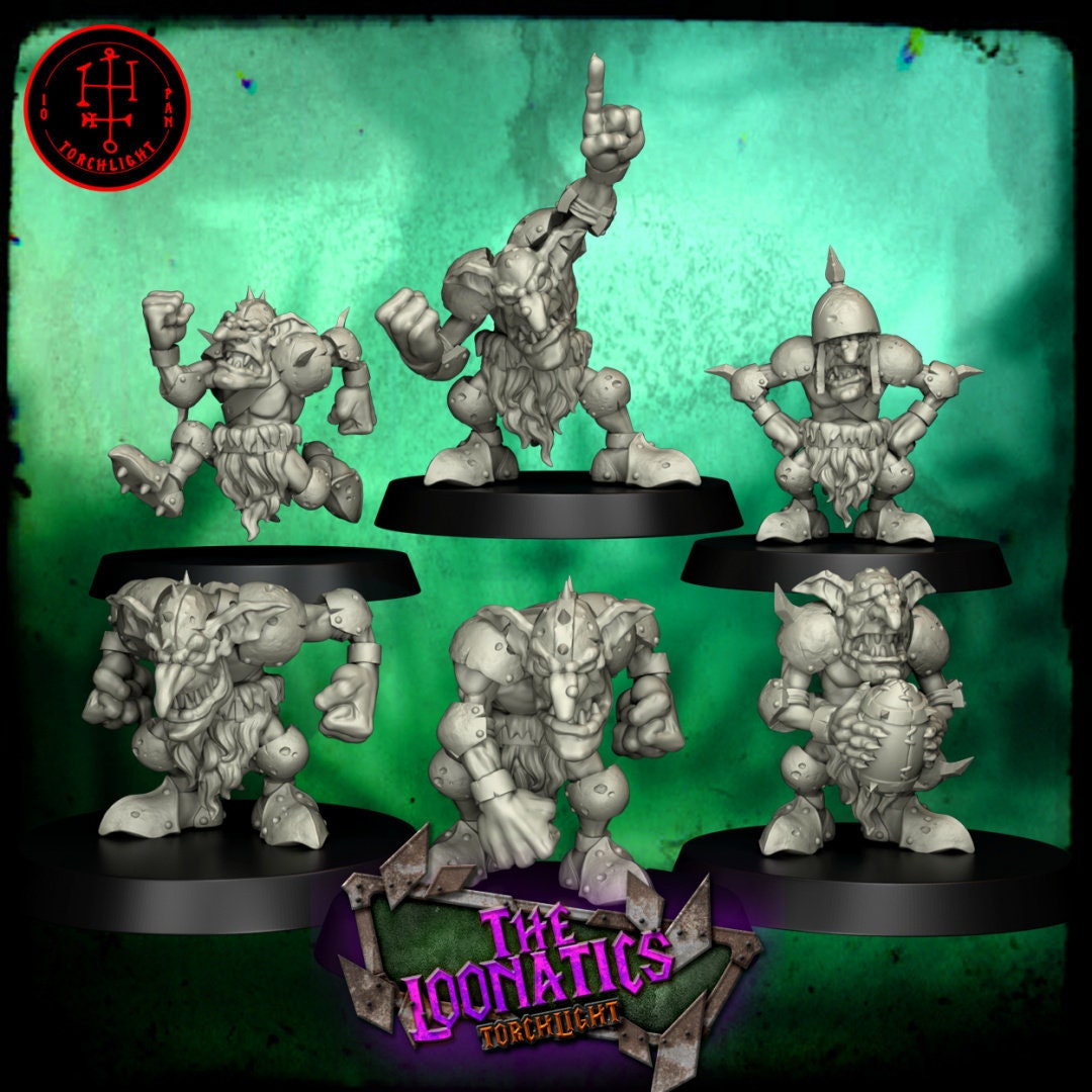 Set of Fantasy Football miniatures featuring detailed figures in dynamic poses on black bases
