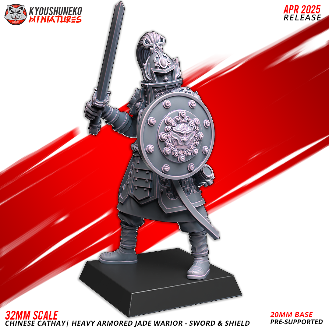 32mm Scale Chinese Cathay Heavy Armored Jade Warrior Miniature with Sword and Shield from Layered Industries