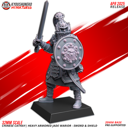 32mm Scale Chinese Cathay Heavy Armored Jade Warrior Miniature with Sword and Shield from Layered Industries