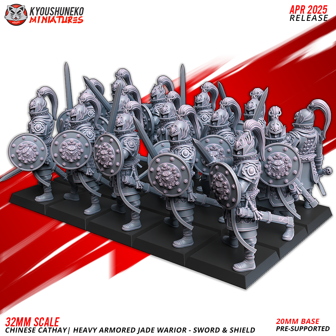 Layered Industries 32mm Scale Chinese Cathay Heavy Armored Jade Warrior Miniatures with Sword and Shield