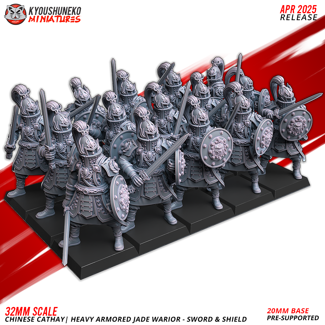 32mm Scale Chinese Cathay Heavy Armored Jade Warrior Wargame Miniature with Sword and Shield