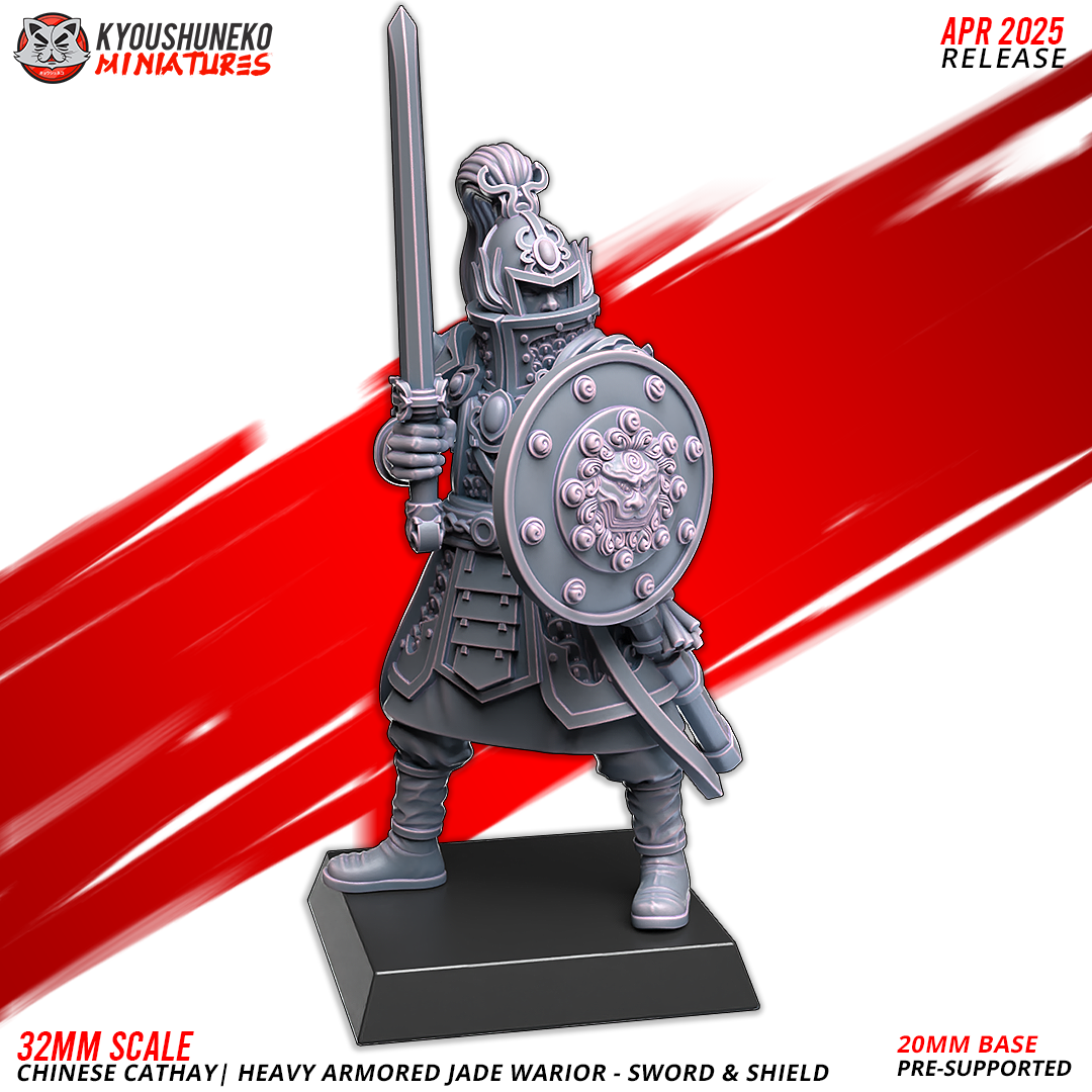 32mm scale Chinese Cathay Heavy Armored Jade Warrior miniature with sword and shield by Layered Industries