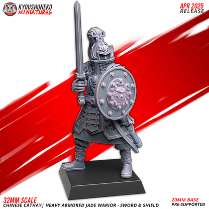 32mm scale Chinese Cathay Heavy Armored Jade Warrior miniature with sword and shield by Layered Industries
