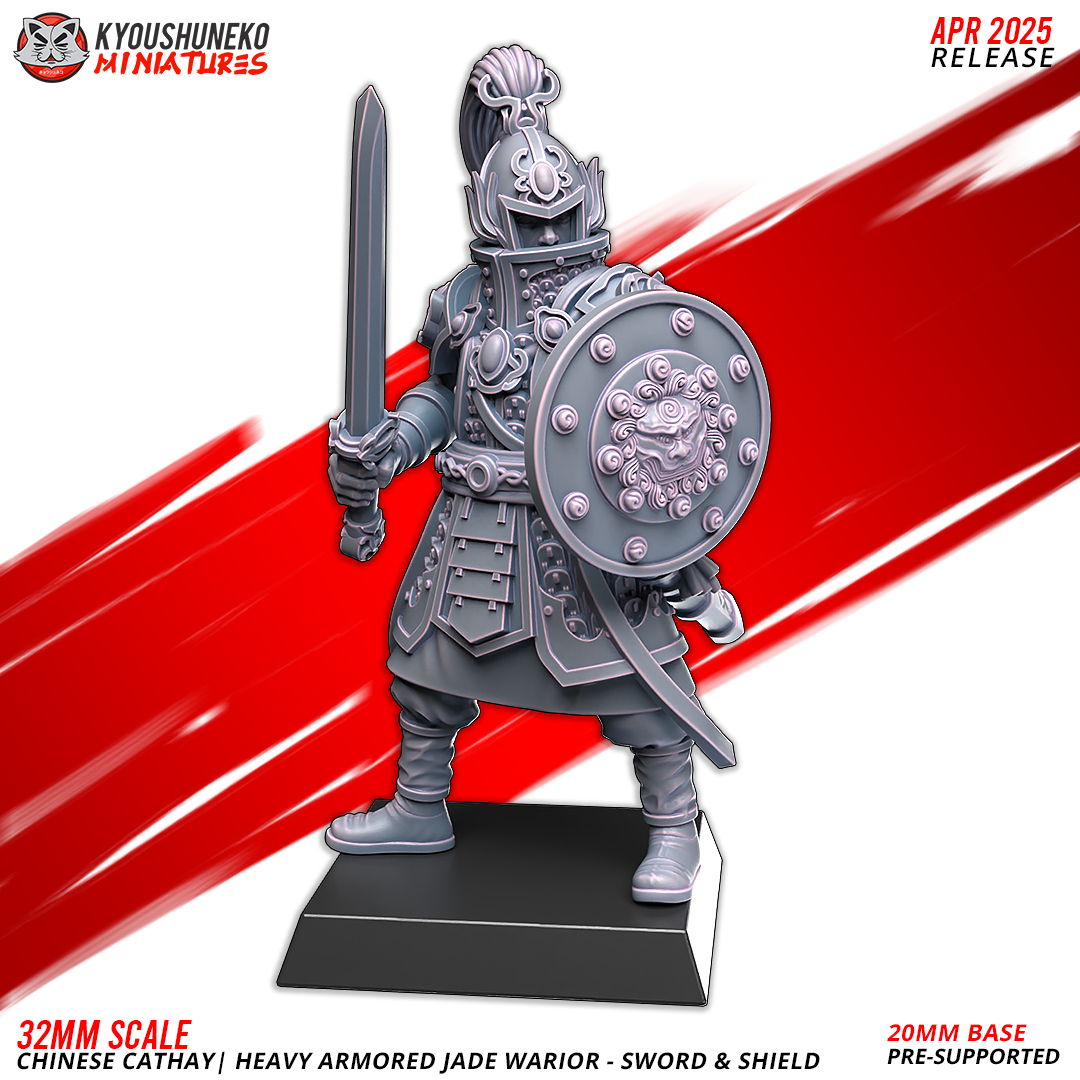 32mm Scale Chinese Cathay Heavy Armored Jade Warrior Miniature with Sword and Shield