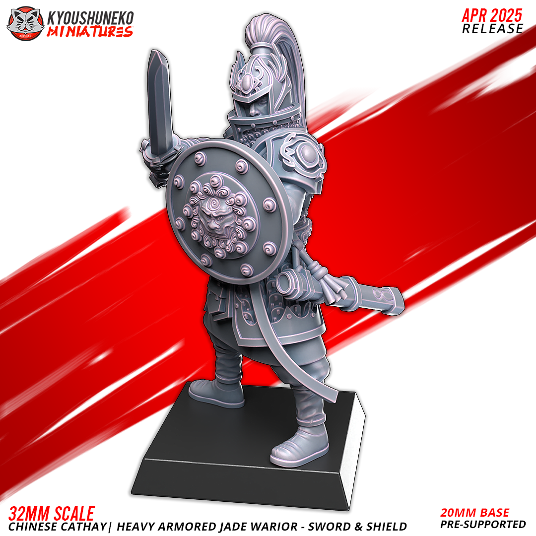 Kyoushuneko miniatures 3D prints of a 32mm Chinese Cathay heavy armored jade warrior holding a sword and shield