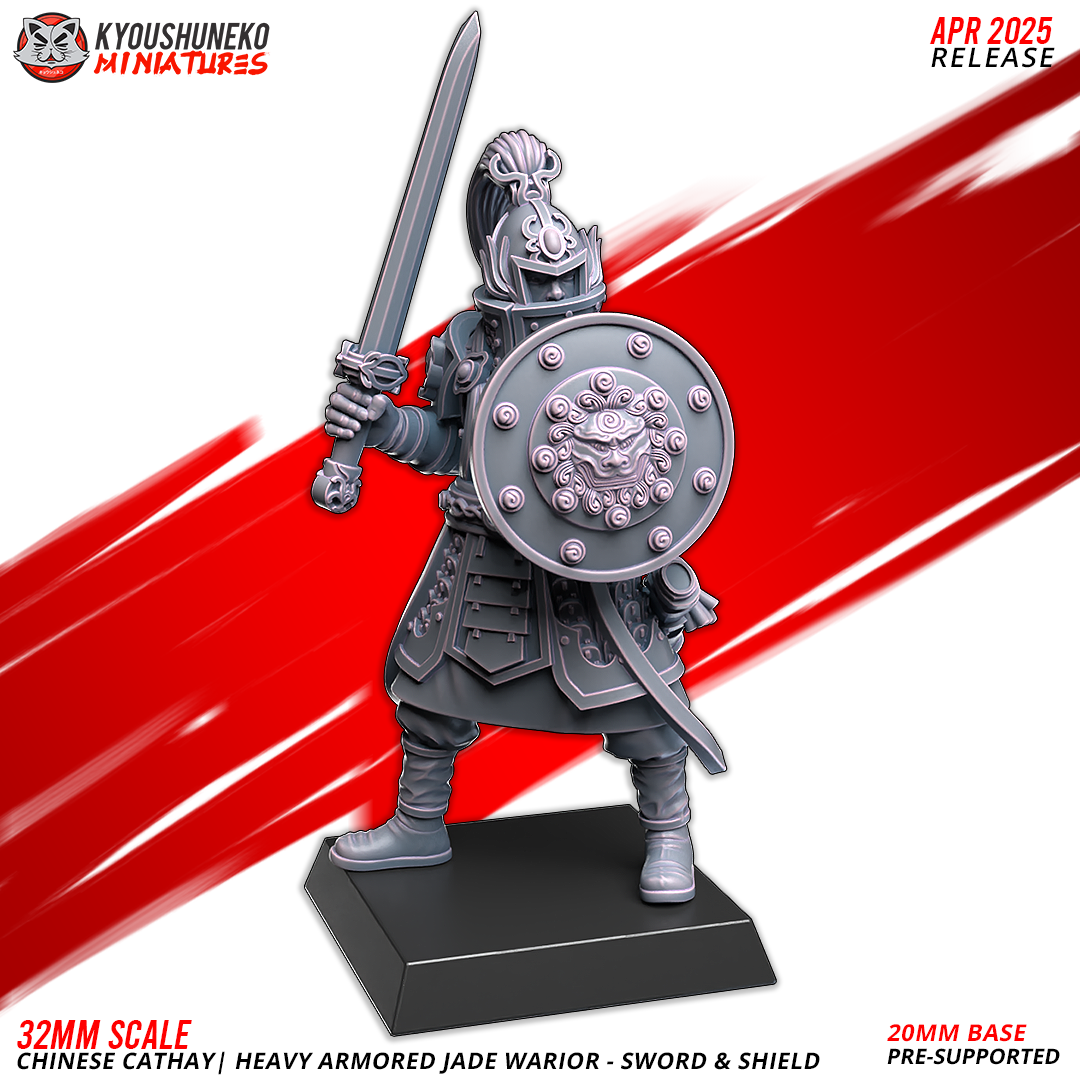 Kyoushuneko miniatures 3D prints Heavy Armored Jade Warrior model with sword and shield at 32mm scale