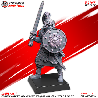 Kyoushuneko miniatures 3D prints Heavy Armored Jade Warrior model with sword and shield at 32mm scale