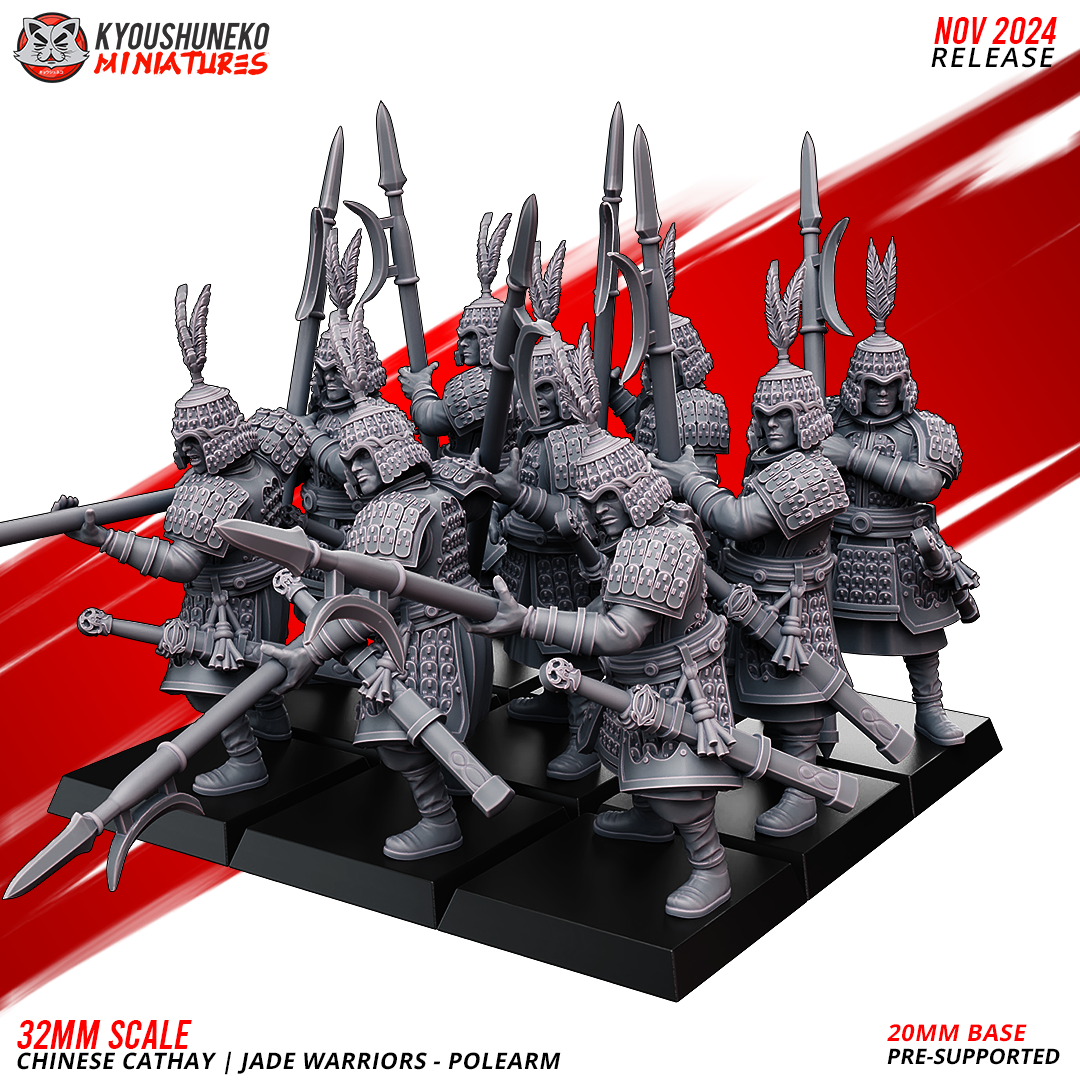 32mm Scale Chinese Cathay Jade Warriors Polearm Miniatures by Layered Industries with Pre-Supported Bases