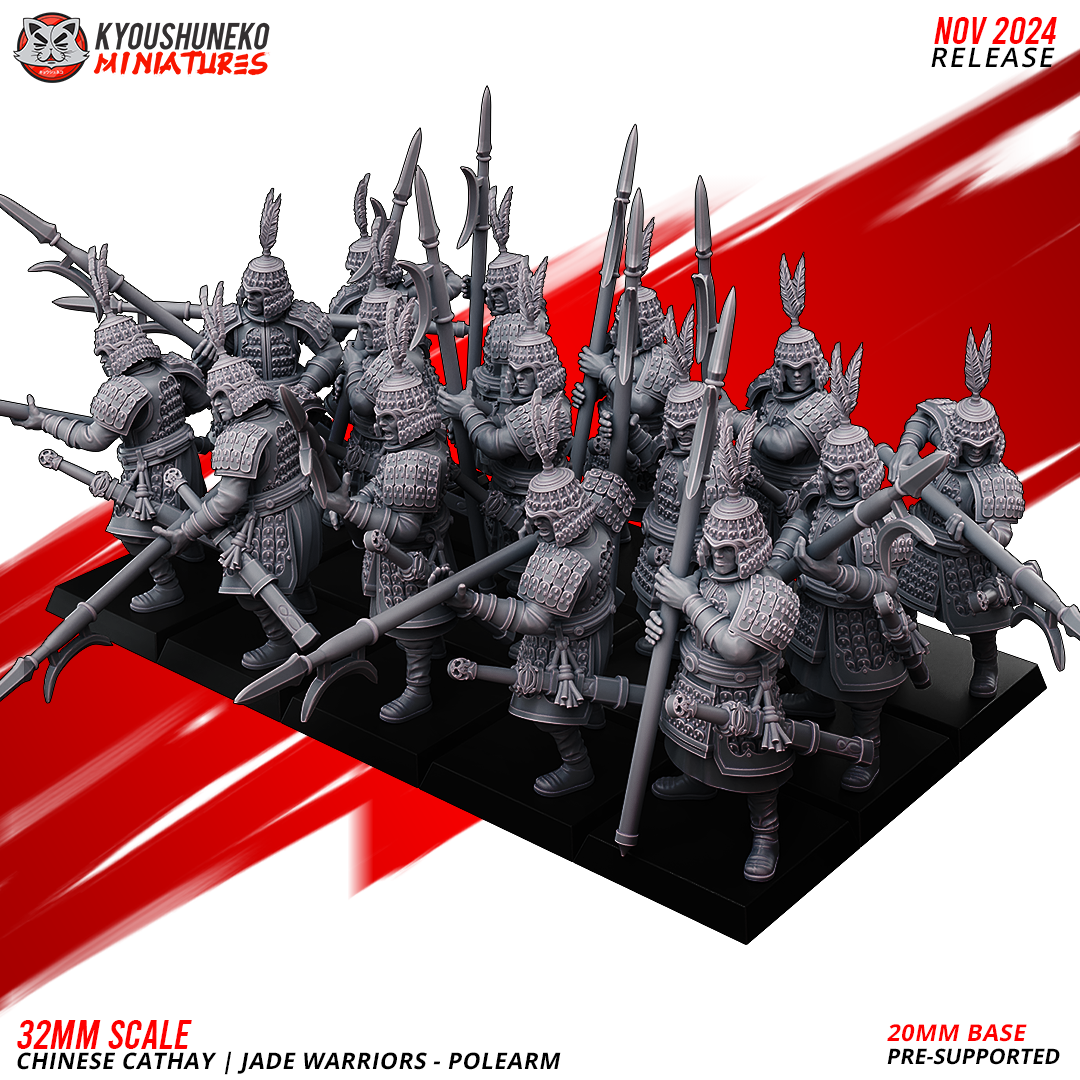 32mm Scale Chinese Cathay Jade Warriors Wargame Miniature with Polearms, Pre-Supported by Layered Industries