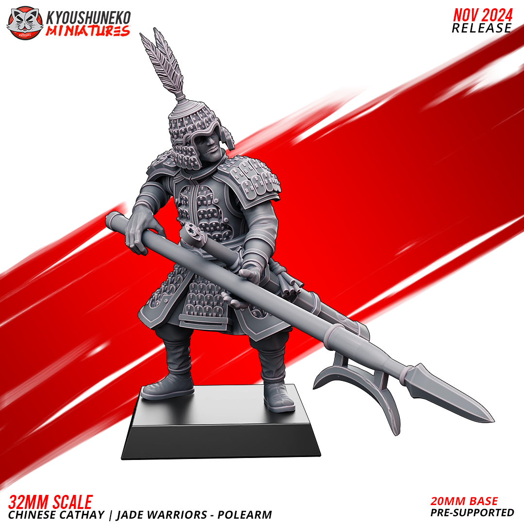 32mm Jade Warriors miniatures from Layered Industries featuring a Chinese Cathay figure with a polearm