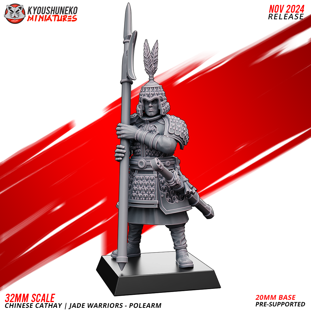 32mm scale Chinese Cathay Jade Warriors polearm miniature from Layered Industries for wargames