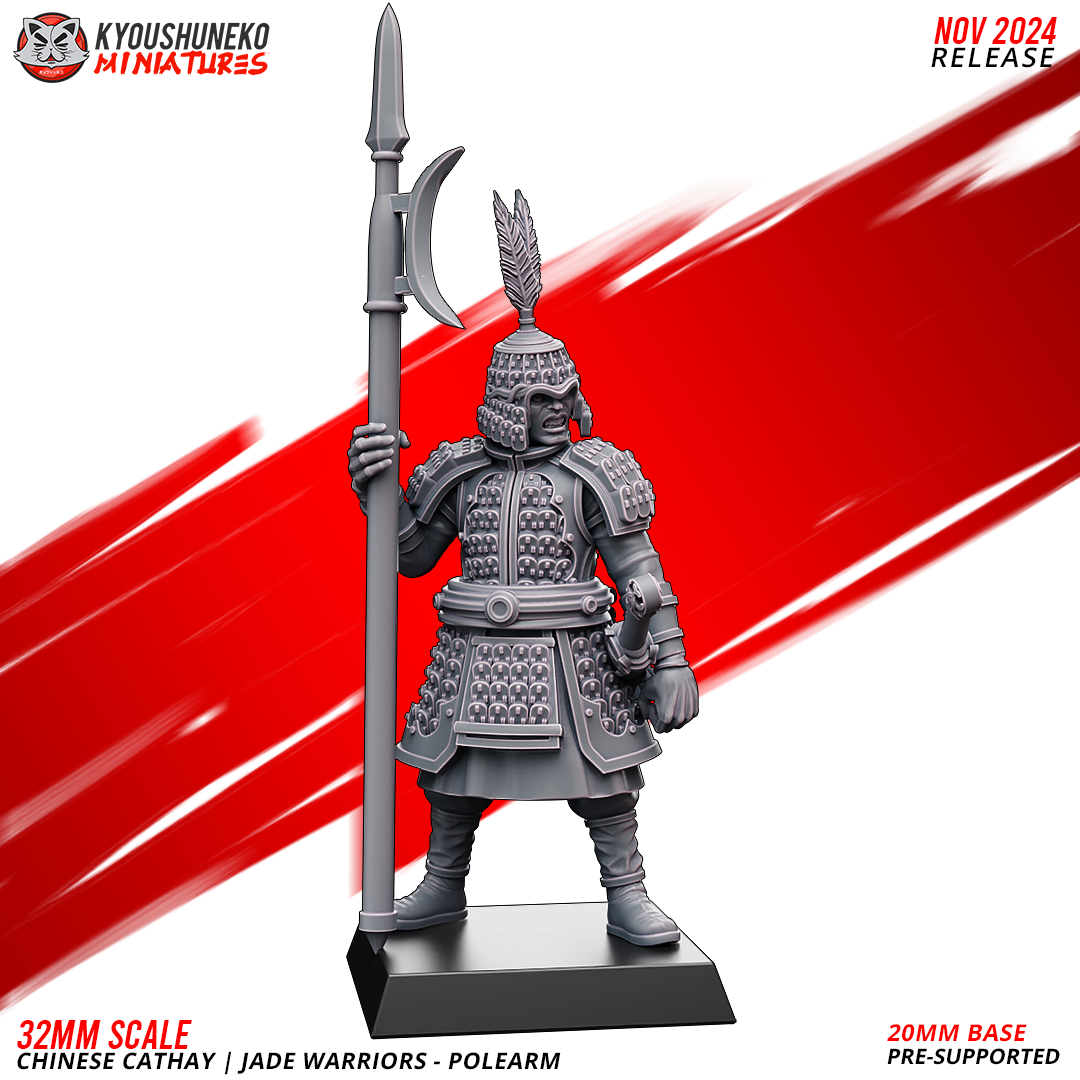 Kyoushuneko Miniatures 32mm Scale Chinese Cathay Jade Warrior with Polearm on 20mm Base