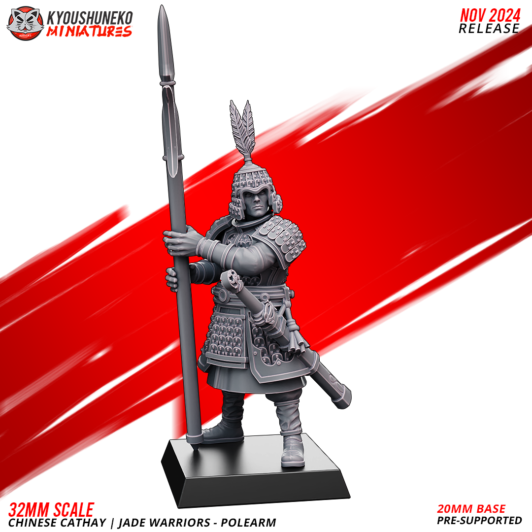 Layered Industries 32mm Scale Chinese Cathay Jade Warrior Miniature with Polearm on 20mm Base
