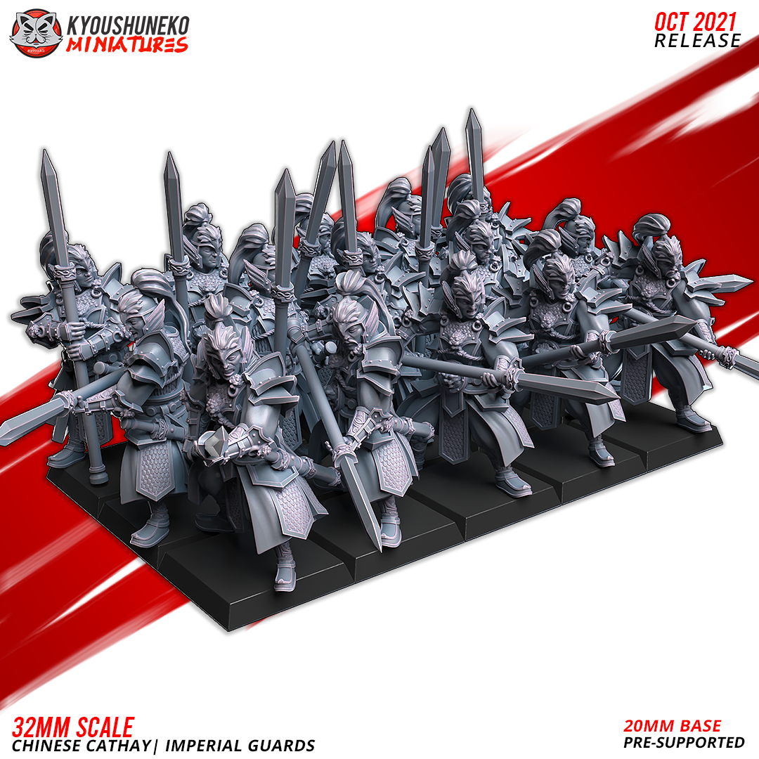 Layered Industries 32mm Scale Chinese Cathay Imperial Guards Wargame Miniature Set with Pre-Supported Bases