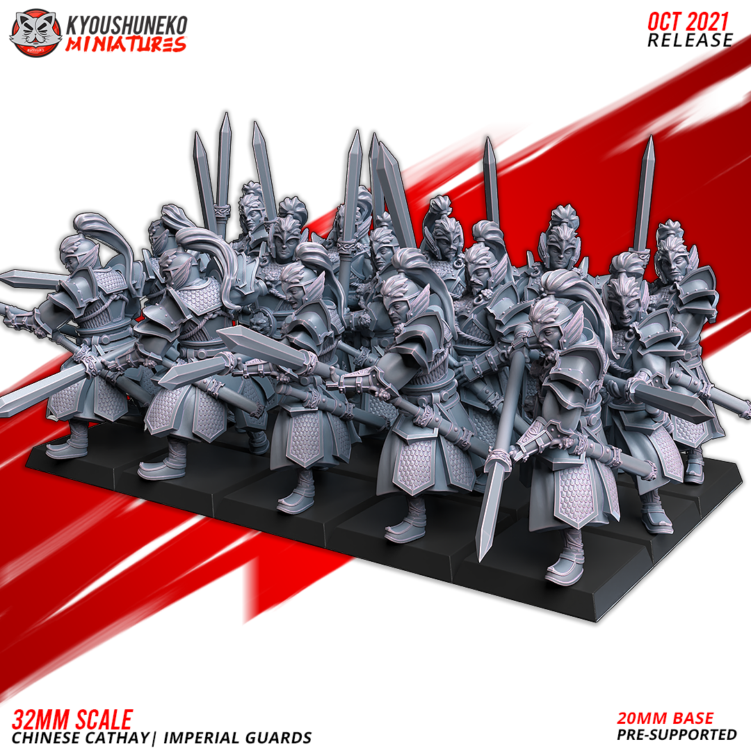 Kyoushuneko 32mm Scale Wargame Miniature Set of Chinese Cathay Imperial Guards with 20mm Bases