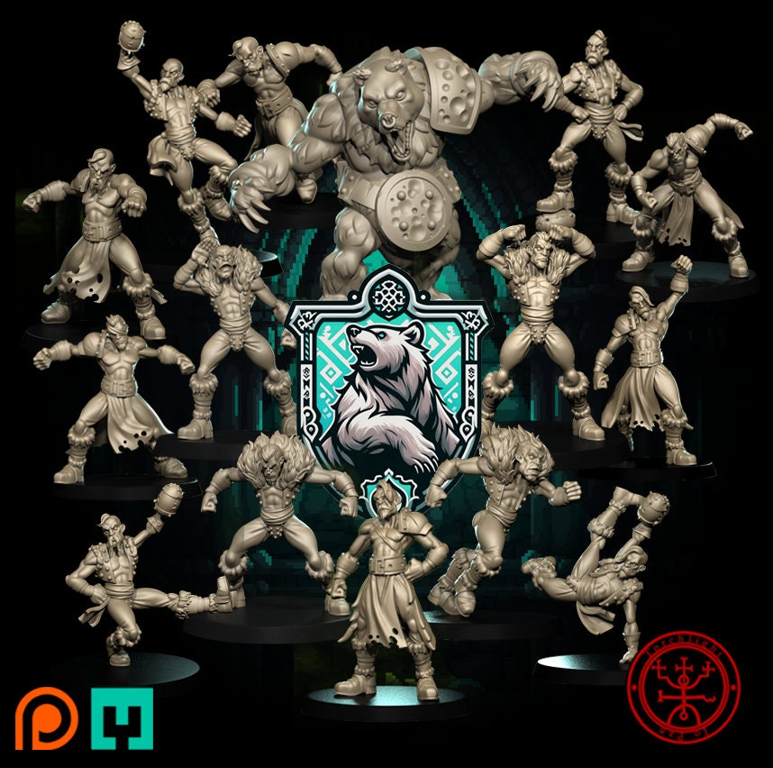Layered Industries Miniatures Collection featuring multiple poses and a central bear emblem design