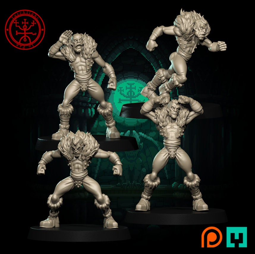 Layered Industries Miniature Figurines of Werewolf Warriors in Dynamic Poses for Tabletop Games