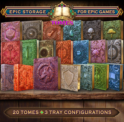 Layered Industries RPG dice box large featuring 20 detailed tome designs for storing gaming accessories