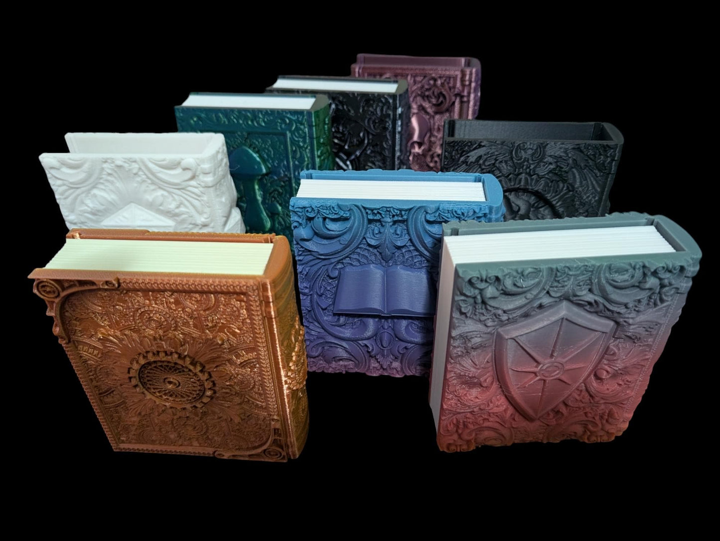 Layered Industries RPG dice box large in various colors with intricate designs and textures
