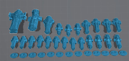 Set of Layered Industries Miniatures in Transparent Blue with Various Spaceship Designs and Bases